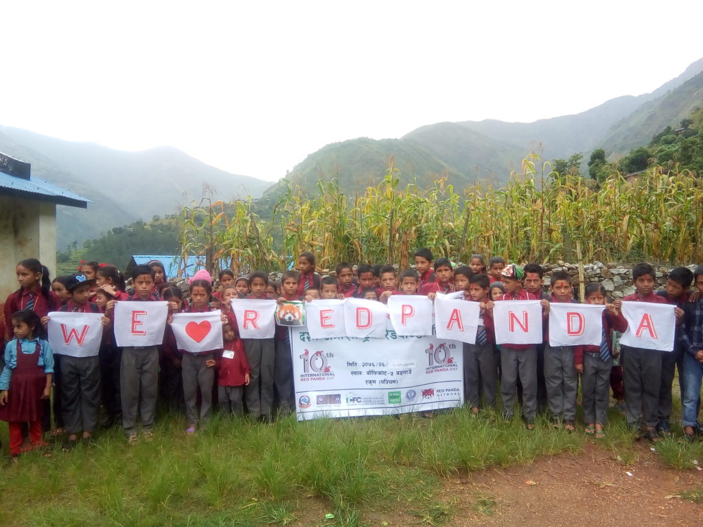 Students celebrating International Red Panda Day 2019 in Rukum, Western Nepal